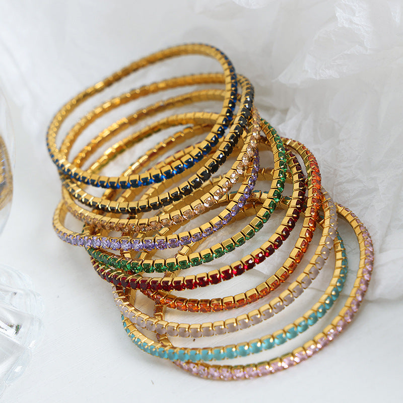 Wholesale Baroque Faceted Colorful Zircon Stretch Titanium Steel Gold Plated Bracelet